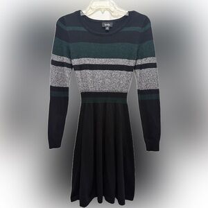 by & by Black, Green & Gray Striped Fit-and-Flare Long Sleeve Dress